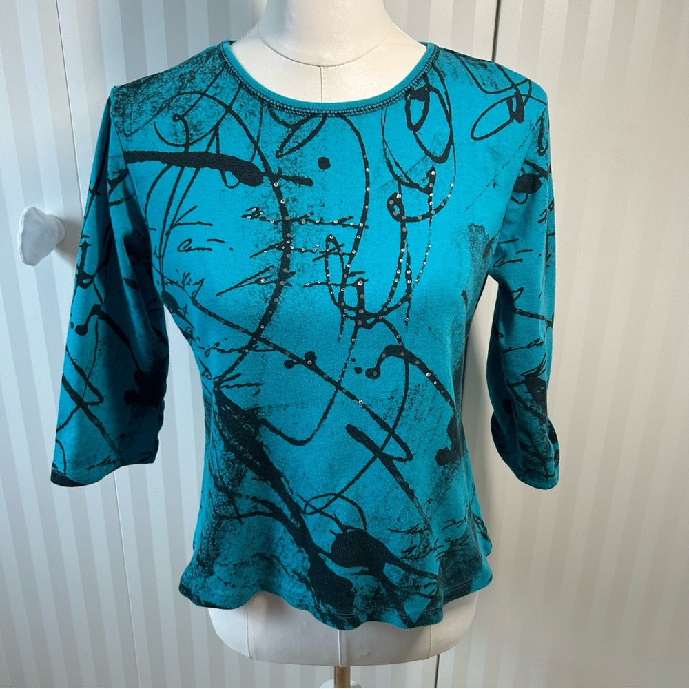 Jess & Jane blue teal black pattern 3/4 sleeve tee cotton Size S